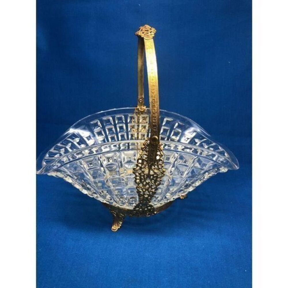 antique vintage clear cut glass Brass basket